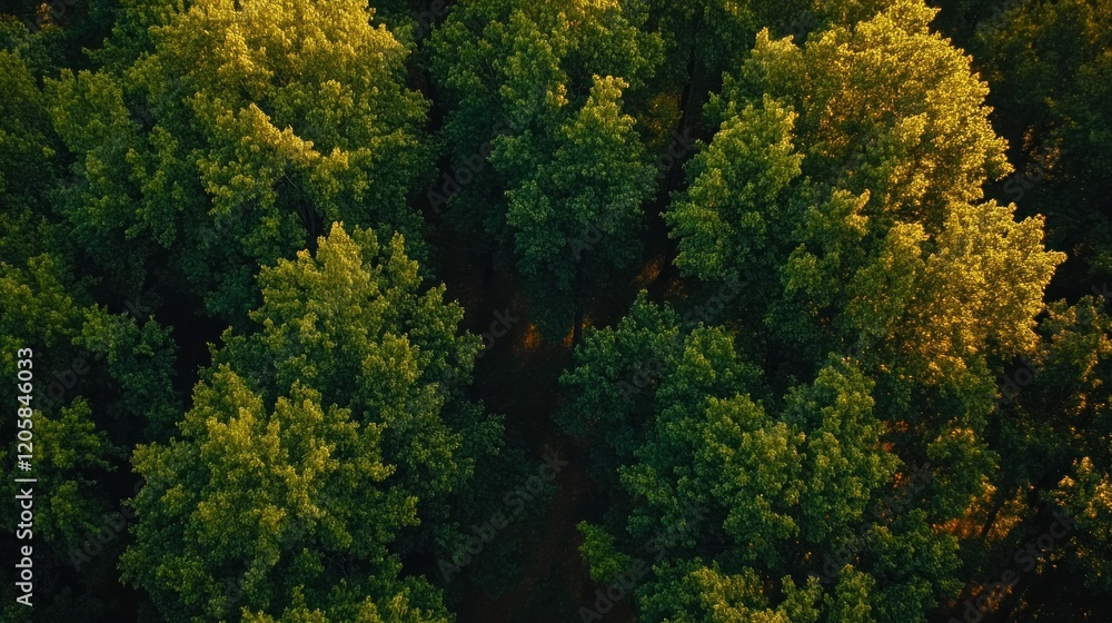 Aerial view of sunlit forest canopy, path visible, nature background, environmental use Aerial view of sunlit forest canopy, path visible, nature background, environmental use