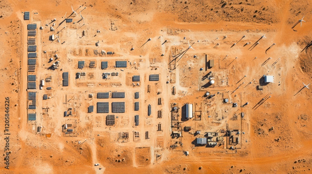 Fototapeta premium Desert wind farm construction aerial view