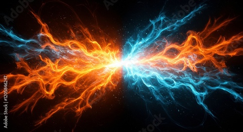 Clash of Elements: A dramatic abstract collision of vibrant orange flames and electric blue energy on a black background creates an exhilarating spectacle.