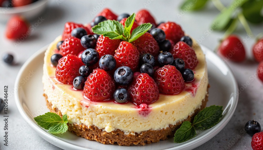 Creamy no-bake cheesecake topped with fresh berries, culinary delight Creamy no-bake cheesecake topped with fresh berries, culinary delight