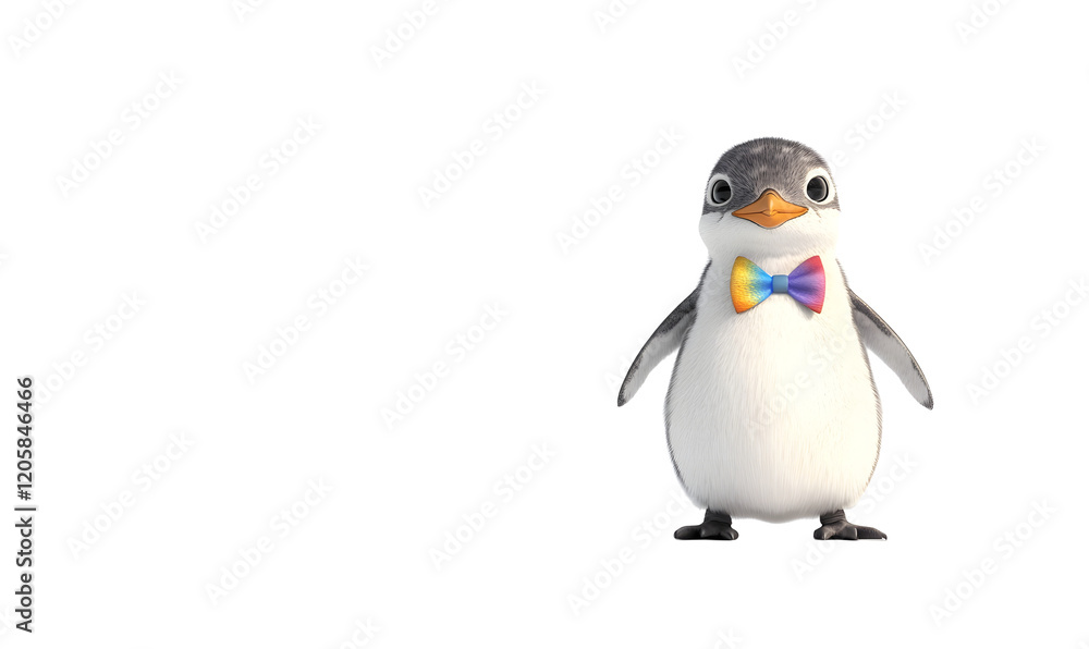Fototapeta premium Bow-tied penguin, digital animation, dark background, mascot, advertising