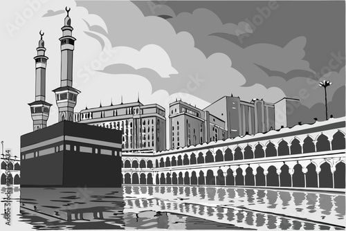 Islamic architecture, Mecca, Kaaba, black and white, monochromatic, atmospheric, misty, reflective surface, grand mosque, minarets, arches, cityscape, spiritua