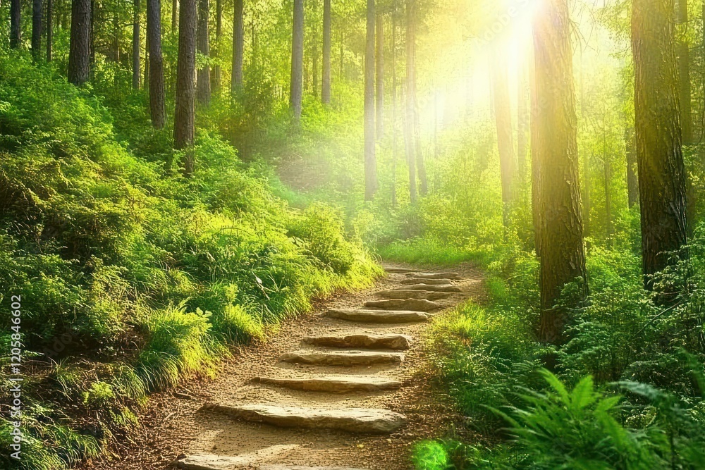 Sunlit Forest Stairway Path, Hiking, Nature, Serenity, Background, Travel Brochure Sunlit Forest Stairway Path, Hiking, Nature, Serenity, Background, Travel Brochure