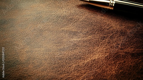 Brown leather desk, pen, office, contract signing, business background photo