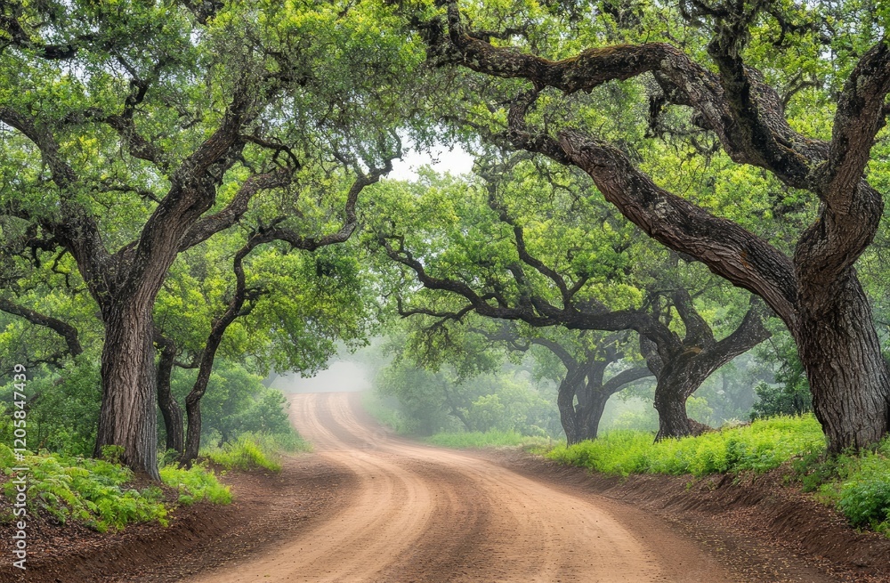 Scenic Dirt Road Winding Through Misty Green Trees