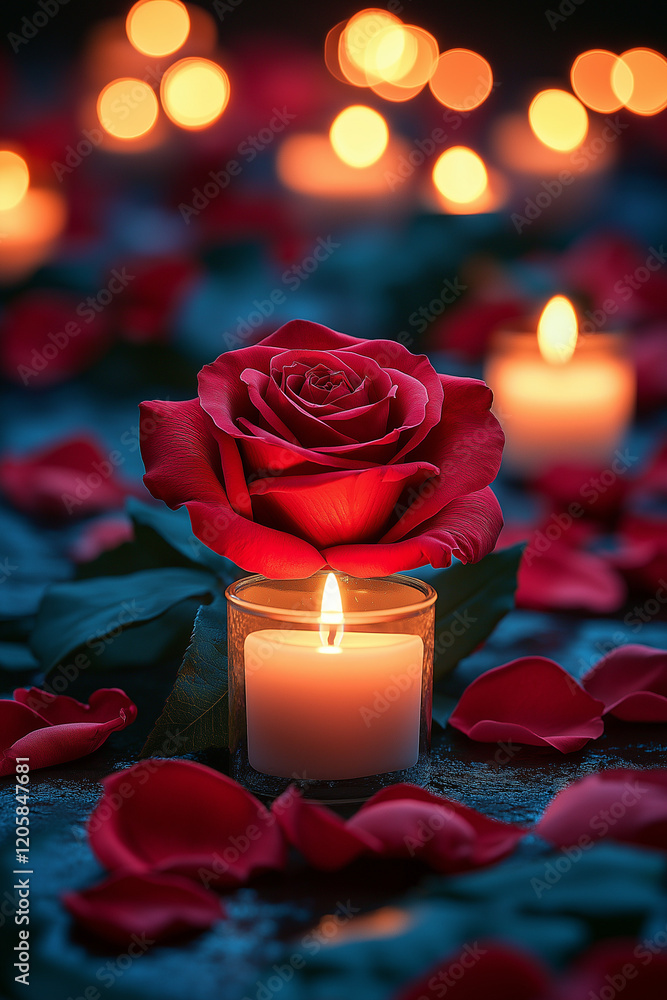 Gros plan rose rouge, pétales doux, lumière chaude, ambiance romantique Gros plan rose rouge, pétales doux, lumière chaude, ambiance romantique
