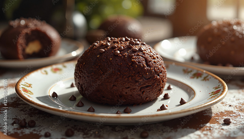 Close-up of brigadeiro dessert on elegant plate, culinary delight