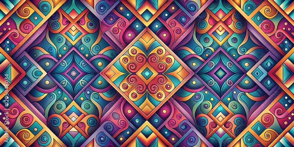 Vibrant Swirls and Geometric Shapes Intertwined in a Rich Tapestry of Color and Design Vibrant Swirls and Geometric Shapes Intertwined in a Rich Tapestry of Color and Design