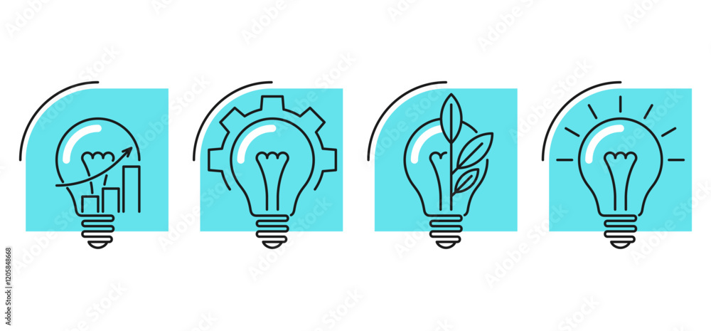 Light bulbs icons set - with chart, gear, leaf and shining. In thin line with blue background Light bulbs icons set - with chart, gear, leaf and shining. In thin line with blue background