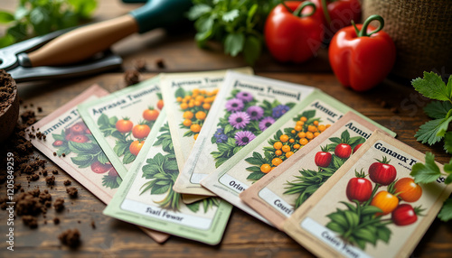 Colorful seed packets on rustic wooden table with gardening supplies