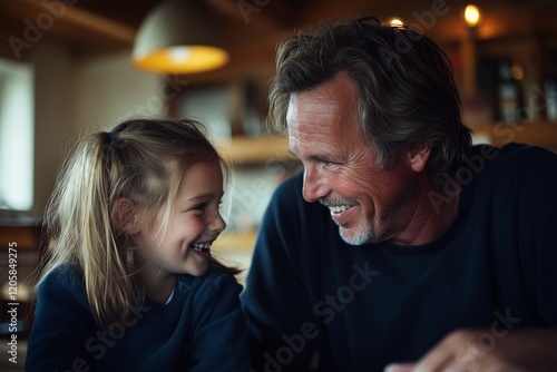 Wallpaper Mural Father and daughter share a delightful moment, laughing and smiling in a cozy home setting, with a softly blurred background that highlights their joy Torontodigital.ca