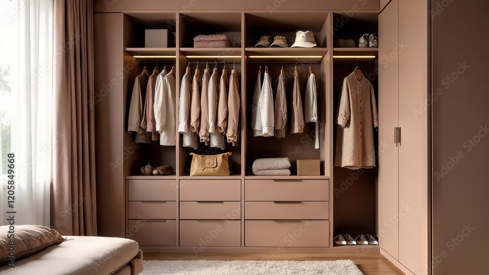 A large dressing room, an open storage system, a wardrobe for outerwear, a wardrobe for underwear, shoes, blankets and pillows, in the color of mocha mousse. A large dressing room, an open storage system, a wardrobe for outerwear, a wardrobe for underwear, shoes, blankets and pillows, in the color of mocha mousse.