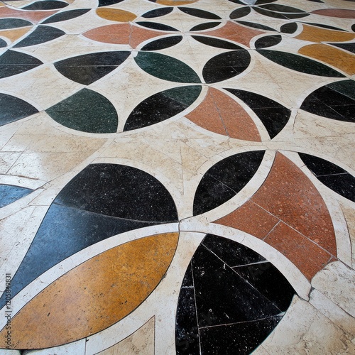 Intricate marble floor, geometric pattern, palace interior,  historical building, design texture photo