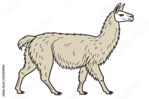 Llama, South American camelid, full body profile, standing pose, beige wool coat, alert ears, white background, studio lighting, high detail, photorealistic, nature photography, wildlife illustrati