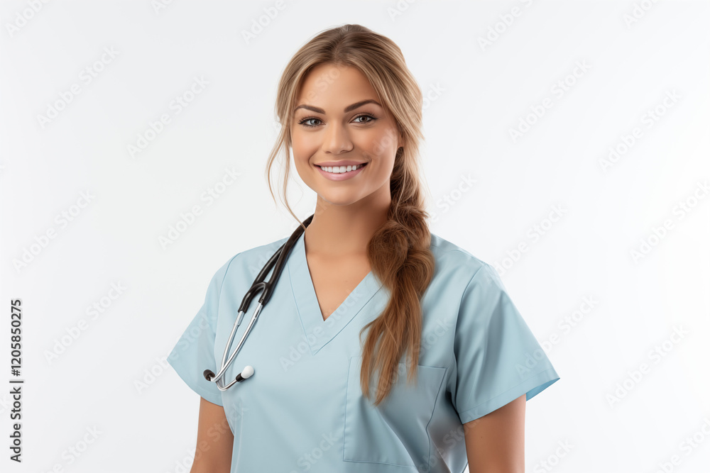 Smiling White Nurse in Professional Uniform with Stethoscope, Friendly and Caring Healthcare Worker, white Background, Perfect for Medical, Healthcare, and Wellness Themes Smiling White Nurse in Professional Uniform with Stethoscope, Friendly and Caring Healthcare Worker, white Background, Perfect for Medical, Healthcare, and Wellness Themes