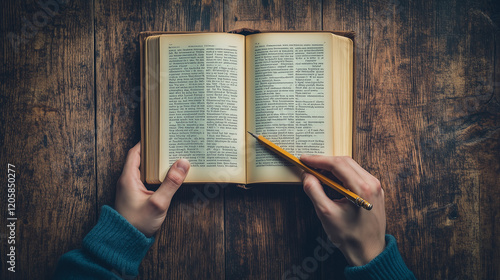 Hands Holding Open Book with Pencil on Rustic Wooden Table - Study and Learning Concept photo