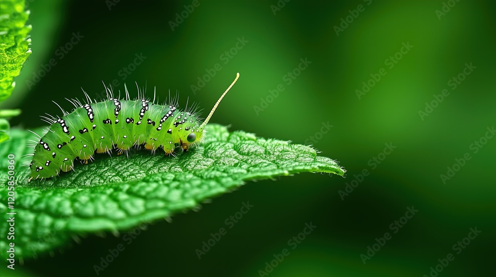 Green Caterpillar on Leaf with Dew Drops, Close-Up of Caterpillar in Natural Habitat, Caterpillar Resting on Fresh Green Leaf Green Caterpillar on Leaf with Dew Drops, Close-Up of Caterpillar in Natural Habitat, Caterpillar Resting on Fresh Green Leaf
