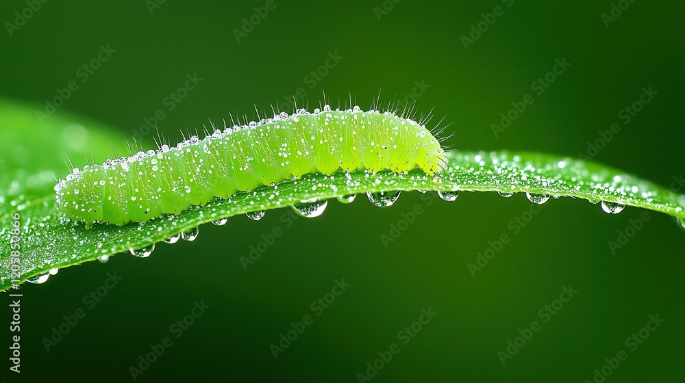 Fototapeta premium Green Caterpillar on Leaf with Dew Drops, Close-Up of Caterpillar in Natural Habitat, Caterpillar Resting on Fresh Green Leaf