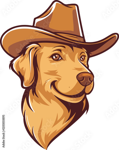 Golden retriever Illustration of a Cheerful Cartoon Dog Wearing a Cowboy Hat with a Smile