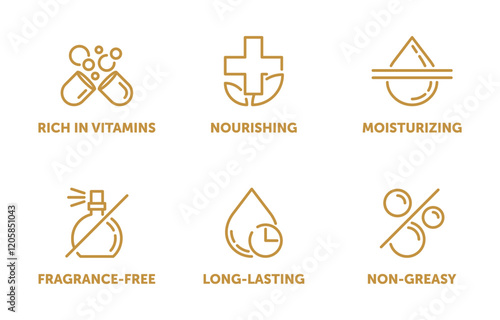 Skin moisturizer main features icons set, in linear style