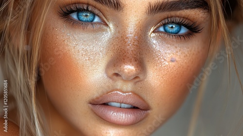 A person gazes directly at the camera with mesmerizing blue eyes and a smattering of freckles on their cheeks. Soft, warm lighting accentuates their natural beauty photo