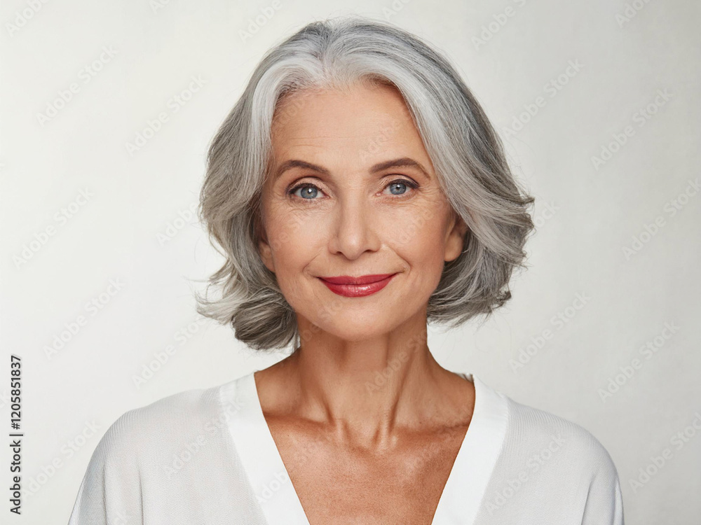 Fototapeta premium Adult senior older woman touching her perfect skin. Beautiful portrait mid 50s aged woman advertising facial anti age lift products salon care tighten skin 