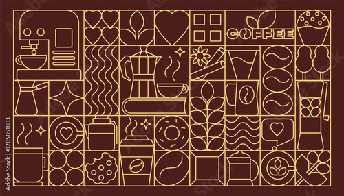 Line Art Coffee Time Design in Geometric Style, Geometric Pattern on a Chocolate Background