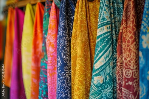 Traditional Indian fabric store. Colorful traditional Indian fabrics wrap scarfs. Bright colourful silk cloth. Vibrant Colors Textile Collection. Vivid array of sarees with intricate design photo