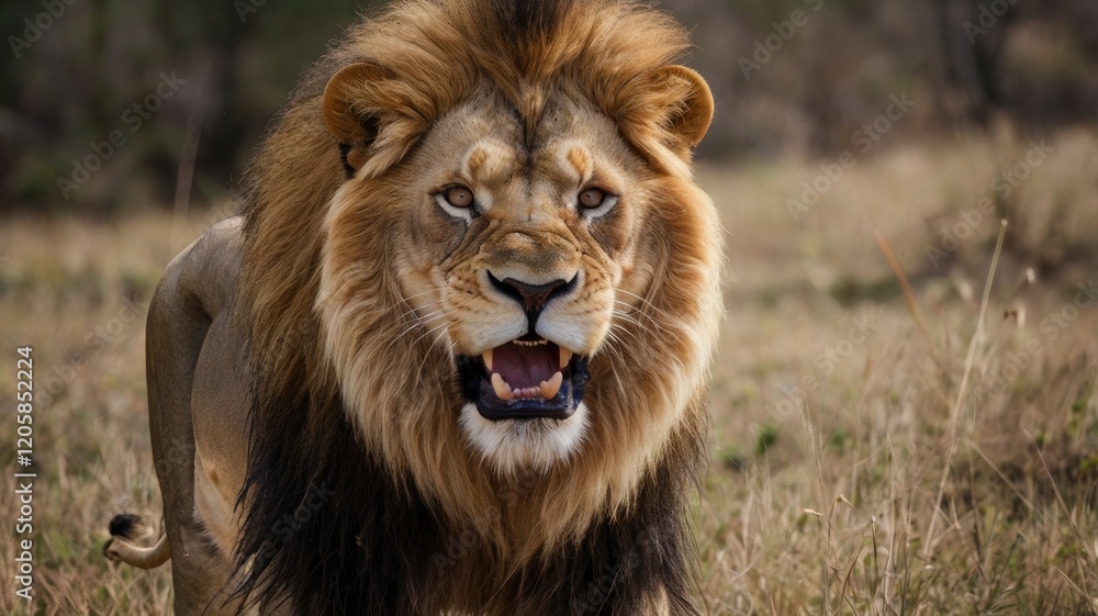 A lion with a full mane is roaring in a grassy area. A lion with a full mane is roaring in a grassy area.