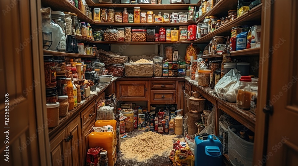 Well-stocked pantry with various food items on shelves and floor, overflowing with abundance of grains and canned goods, showcasing a rustic interior Well-stocked pantry with various food items on shelves and floor, overflowing with abundance of grains and canned goods, showcasing a rustic interior
