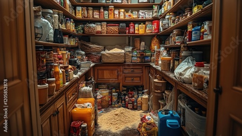 Well-stocked pantry with various food items on shelves and floor, overflowing with abundance of grains and canned goods, showcasing a rustic interior photo