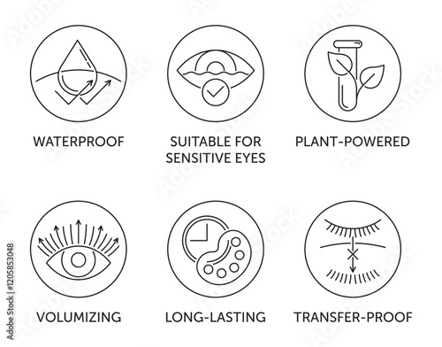 Mascara properties and benefits icons set in thin line