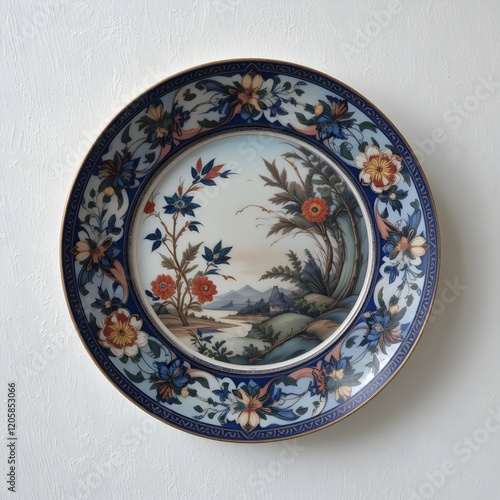 Blue Porcelain plate with colorful floral design on a white background