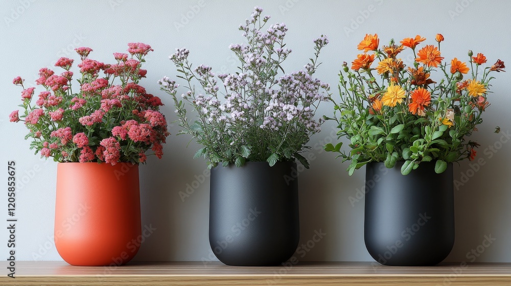 Three potted flowers with pink, lavender, and orange blooms in modern minimalist black and orange planters on a wooden shelf. Three potted flowers with pink, lavender, and orange blooms in modern minimalist black and orange planters on a wooden shelf.