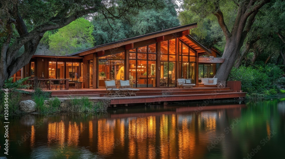 A serene riverside retreat featuring exposed wooden beams and glass walls