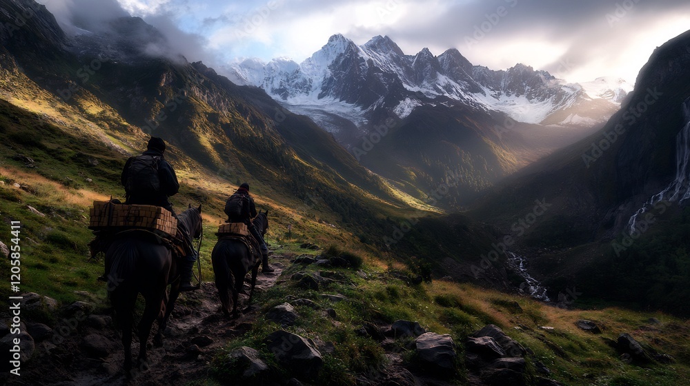 Obraz premium Majestic Mountain Trek: Riders on Horses Journey Through Breathtaking Scenery