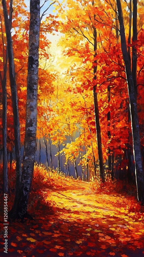 Fototapeta premium A vibrant autumn forest pathway illuminated by golden leaves.
