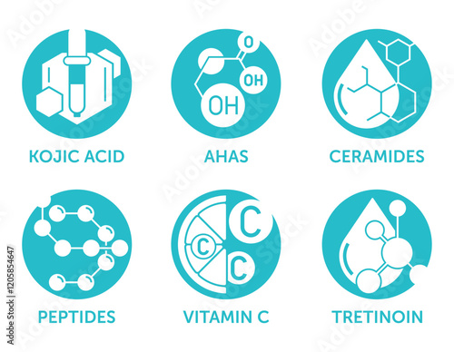 Peptides, Vitamin C, Tretinon, Kojic acid, AHAS and Ceramides - circular icons