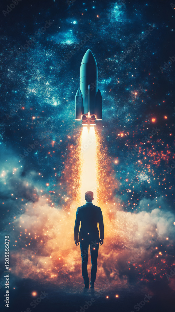 Fototapeta premium Businessman staring skyward, rocket launching through starry darkness, symbolizing entrepreneurial vision and cosmic aspiration