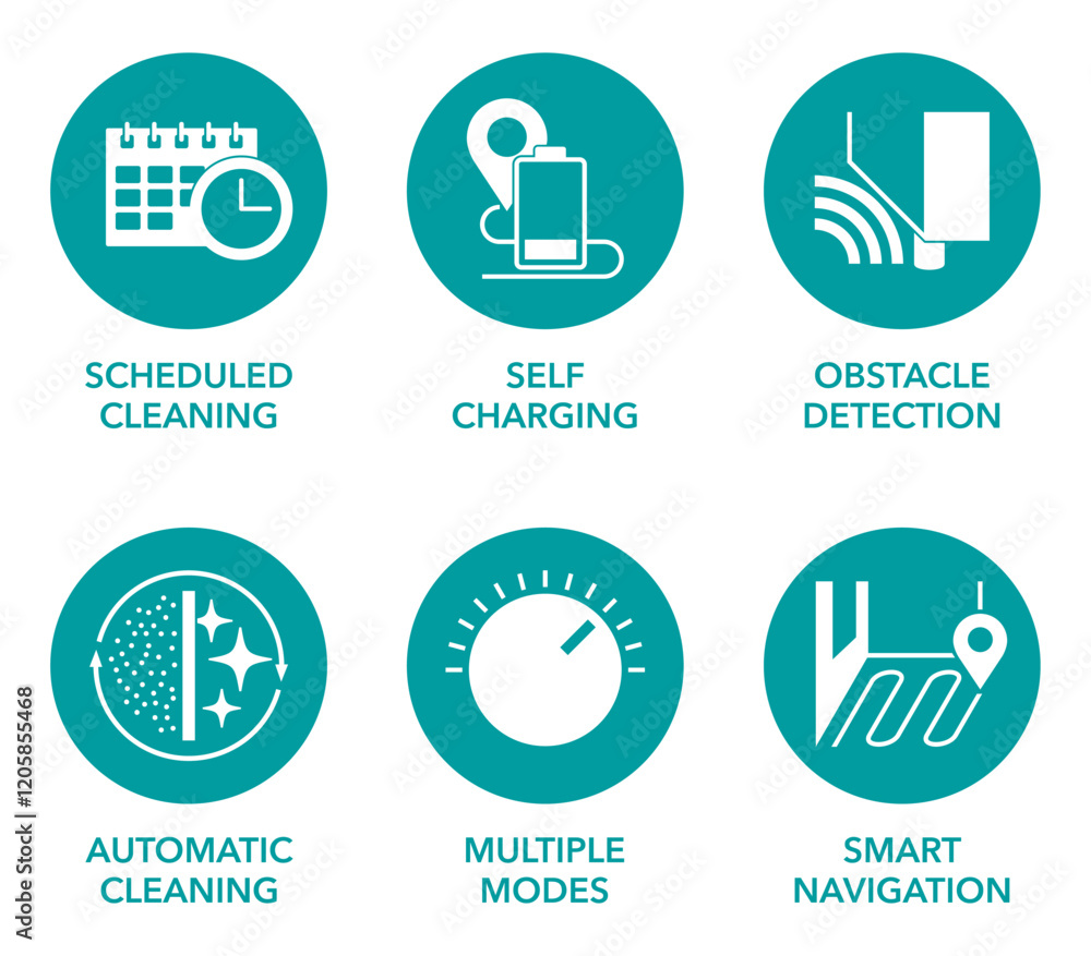 Robot vacuum cleaner 6 features circular icons Robot vacuum cleaner 6 features circular icons