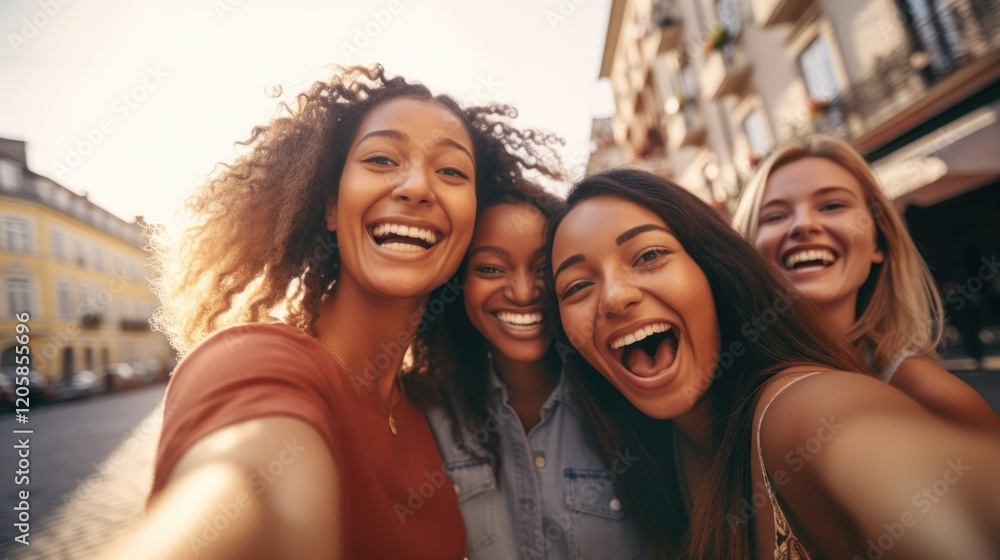 Fototapeta premium Four joyful friends smiling together in a sunny outdoor setting, capturing a fun moment.