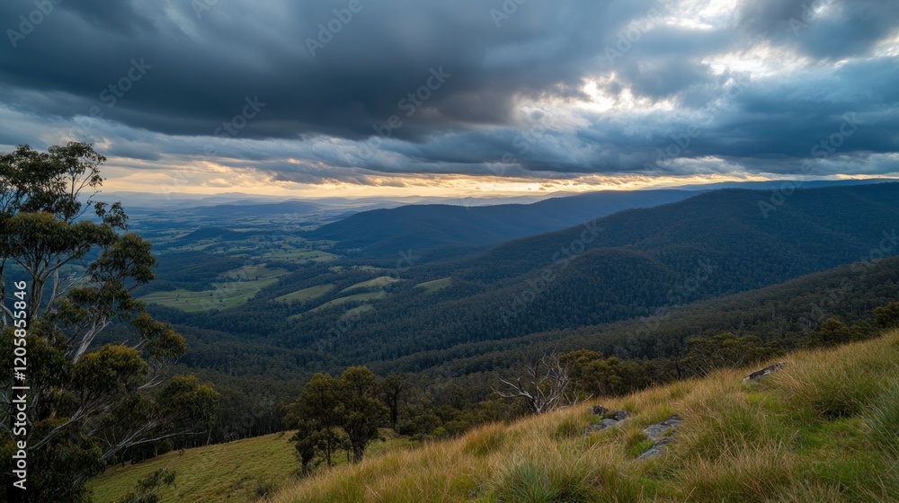 Fototapeta premium Mountain sunset landscape, stormy clouds, valley view, pastoral scene, travel poster