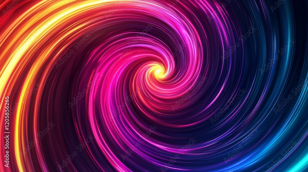 A mesmerizing spiral vortex of vibrant neon light streaks, with shades of red, pink, purple, and blue swirling towards a glowing yellow center A mesmerizing spiral vortex of vibrant neon light streaks, with shades of red, pink, purple, and blue swirling towards a glowing yellow center