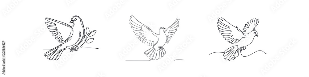Obraz premium Set of One continuous line drawing of white dove, line art image, isolated over on transparent white background