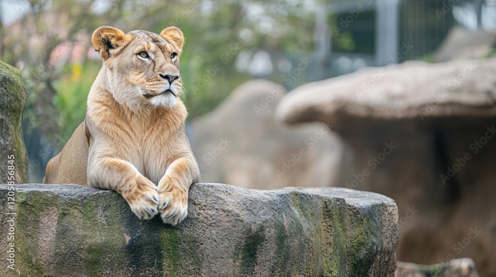 Zoo lioness rests on rock, enclosure background Zoo lioness rests on rock, enclosure background