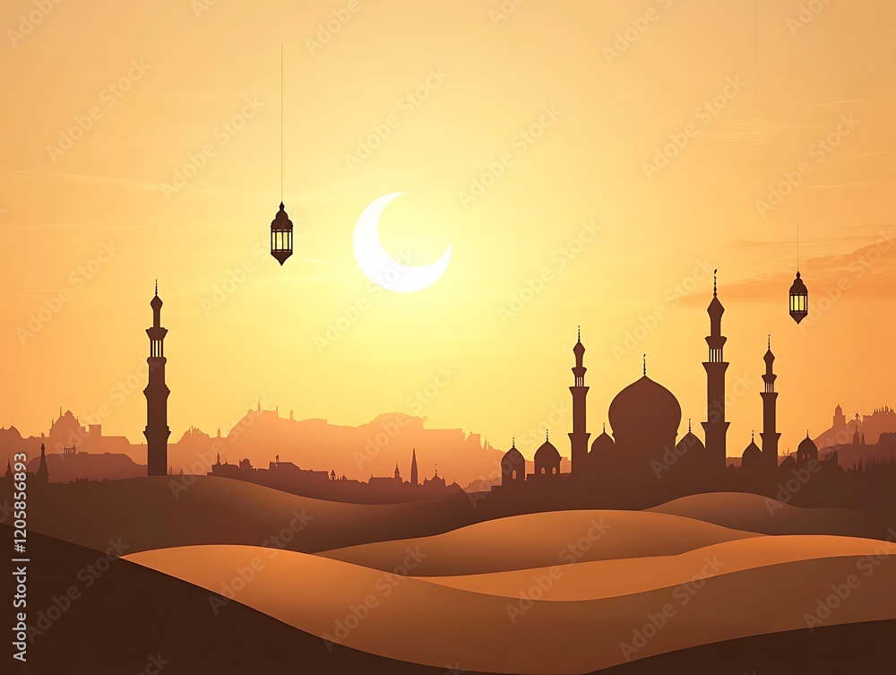 Obraz premium Desert Cityscape Sunset Silhouette Mosques Lanterns Moon