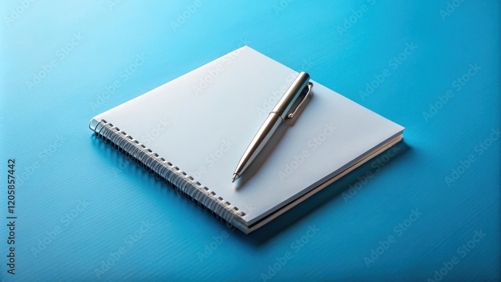 Blank Spiral Notebook and Metallic Pen on a Blue Surface Ready for Ideas and Notes Blank Spiral Notebook and Metallic Pen on a Blue Surface Ready for Ideas and Notes