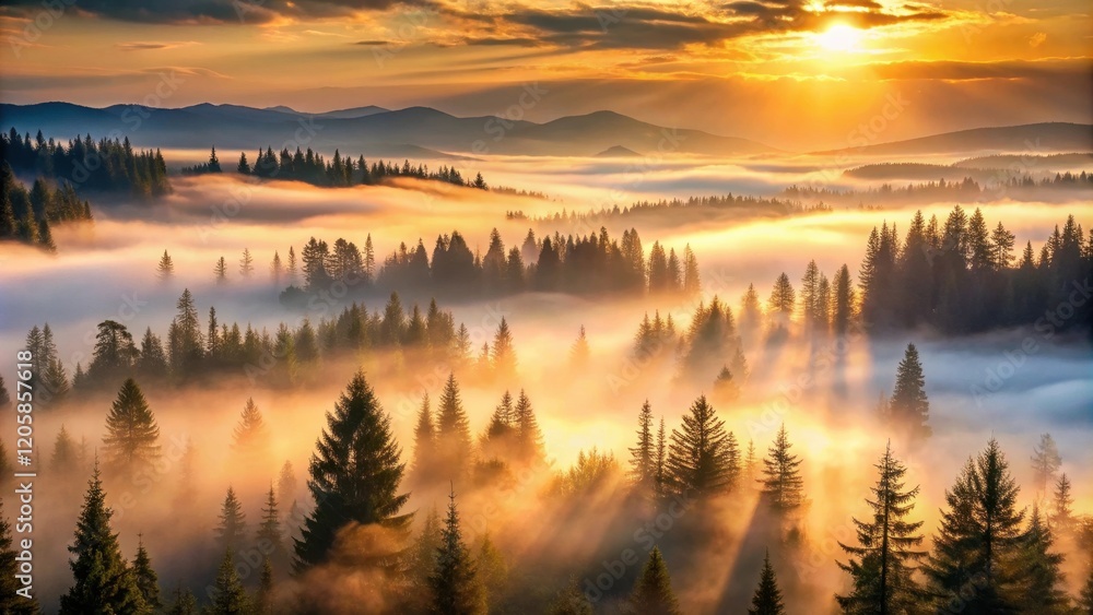 Obraz premium Golden Sunrise Illuminates Misty Mountain Forest, Creating a Breathtaking Panorama of Nature's Majesty