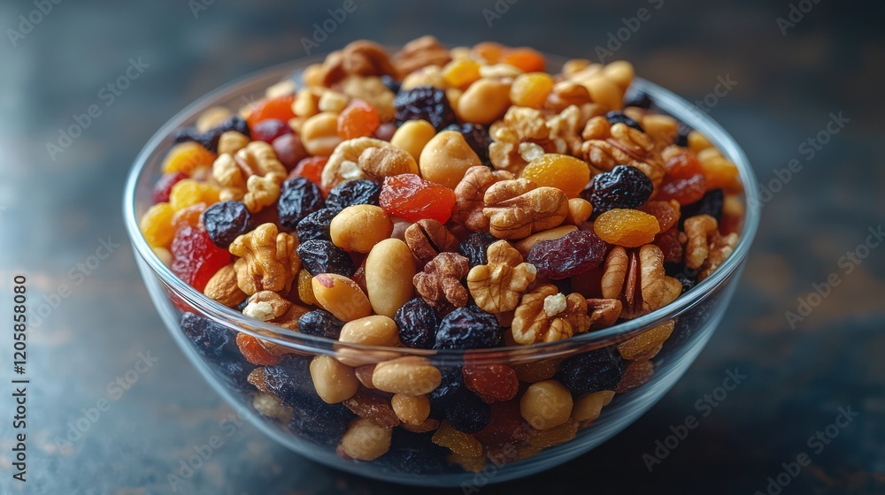 A Glass Bowl Filled with a Mix of Dried Fruits and Nuts A Glass Bowl Filled with a Mix of Dried Fruits and Nuts