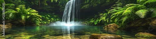 Breathtaking tropical jungle with a waterfall cascading into a crystal-clear pool